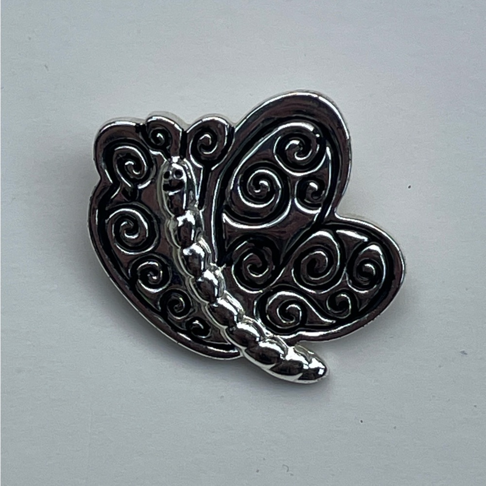 Vintage New View Butterfly Brooch Pin Repousse Swirls Silver Tone 3D Signed